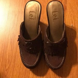 Lei Chocolate Brown Suede High Heeled Clogs.